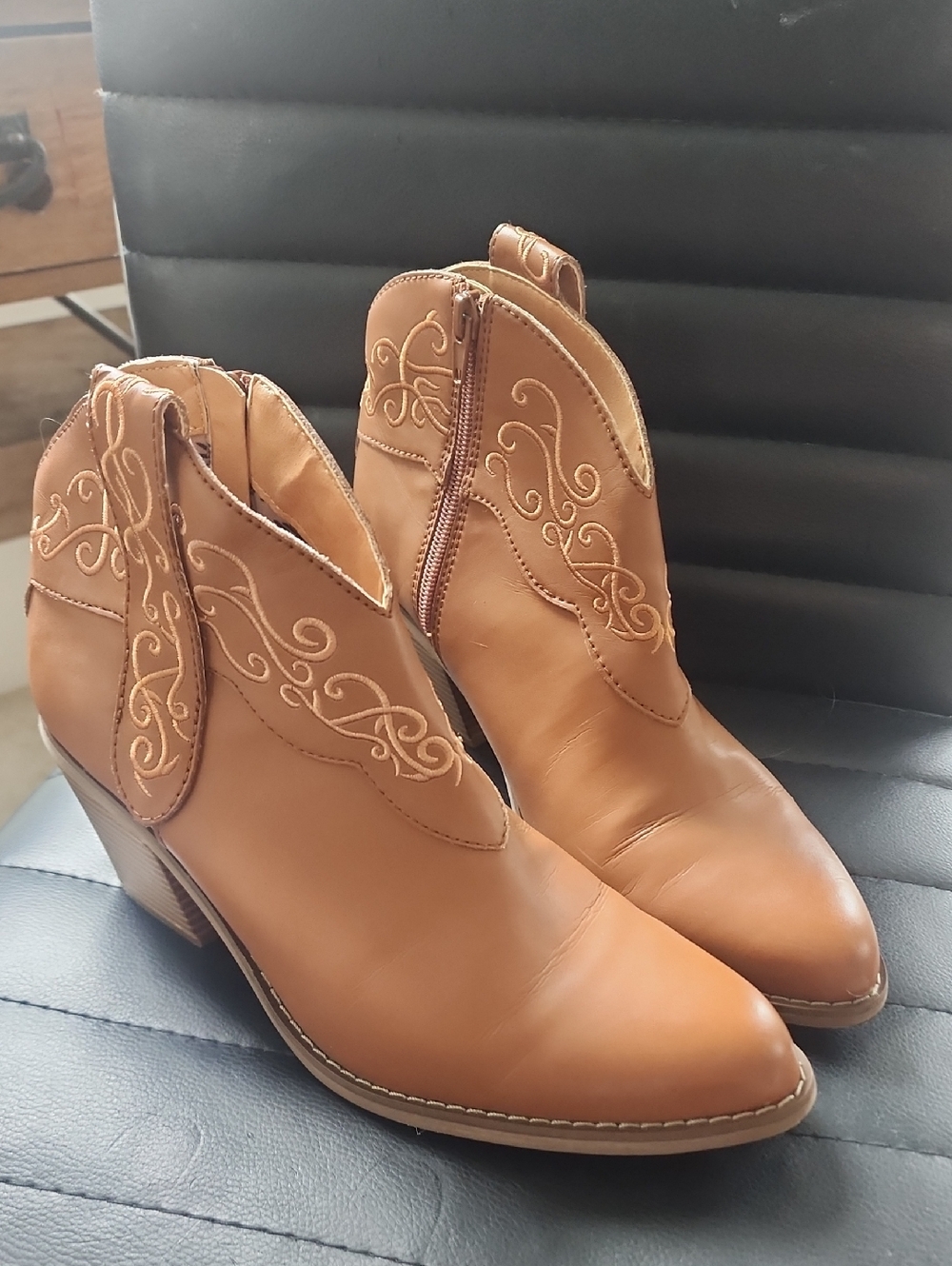Code West Women's Cognac CW74 Western Ankle Boots - Stylish Embroidered Slip-On